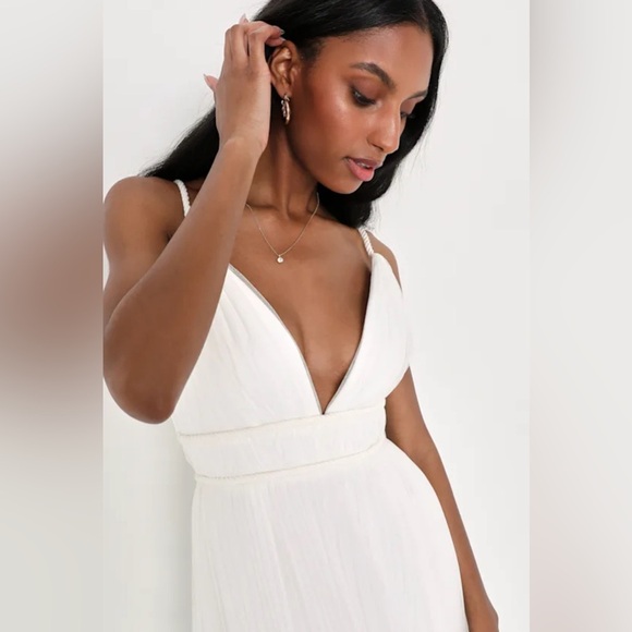 Lulus, small, Sweet Goddess White Mesh Pleated Sleeveless Midi Dress - Picture 4 of 7